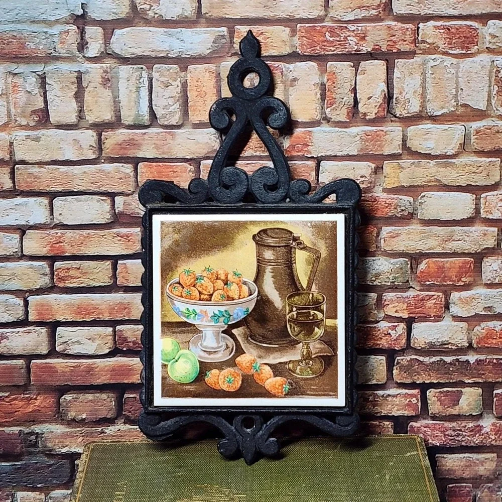 Vintage‎ Enesco Cast Iron Trivets Still Life Wall Plaques Pair Kitchen Japan MCM